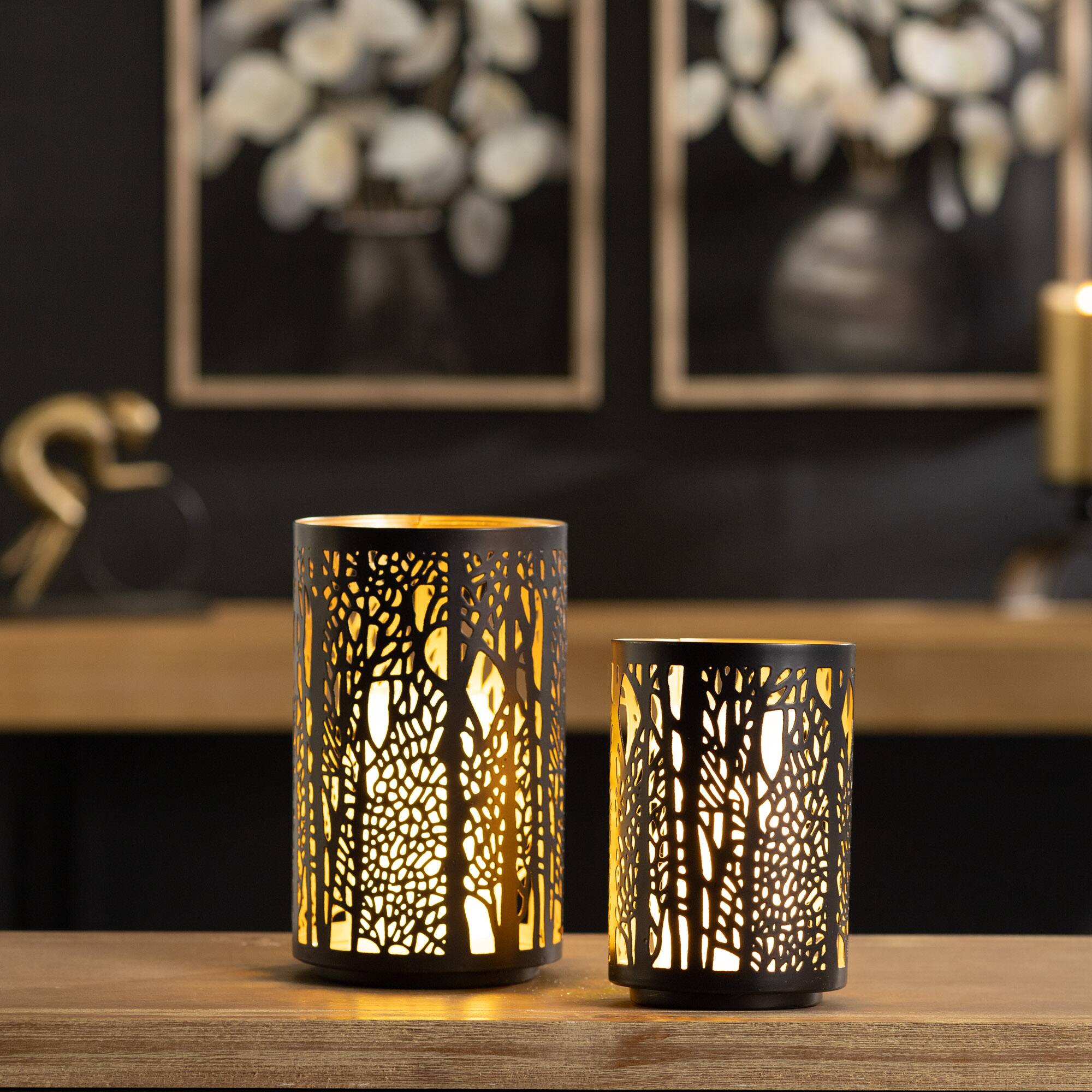 Black & Gold Forest Trees Punched Metal Candle Holder Set